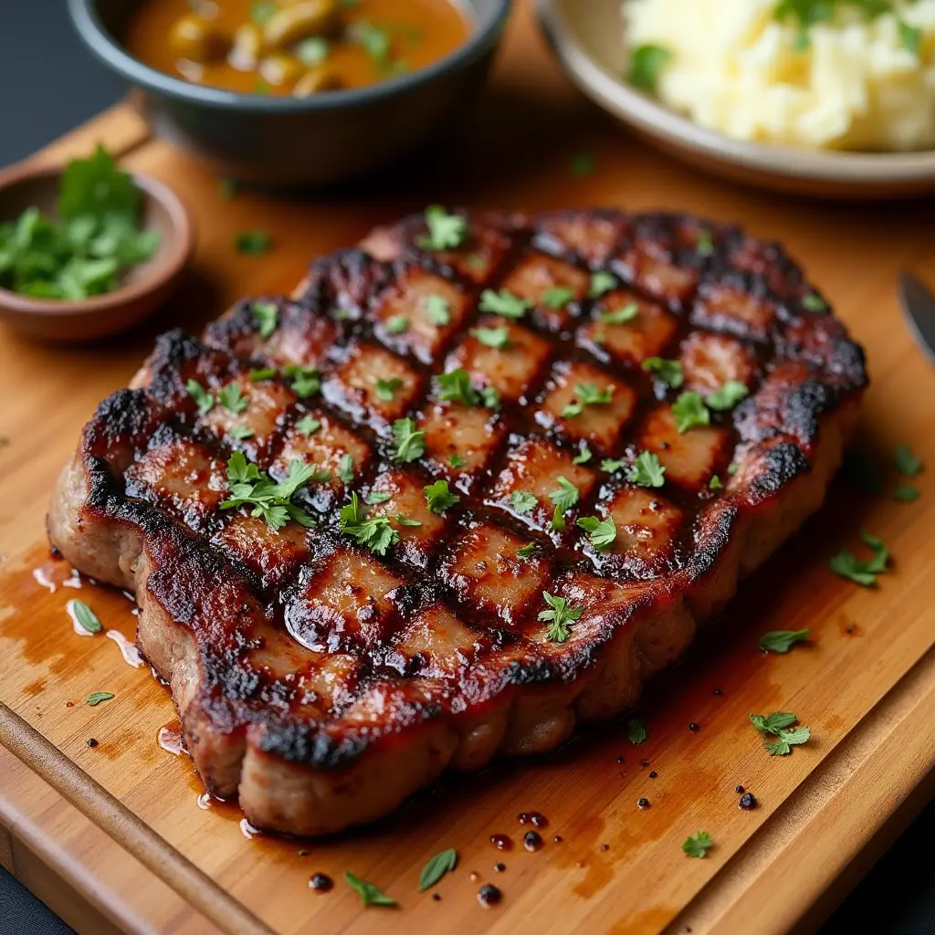 Char-grilled steak with marinade and mashed potatoes.