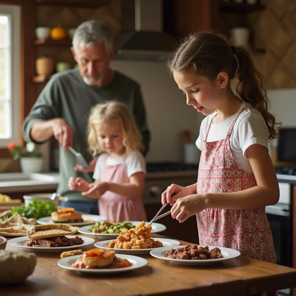 A family cooking Outback-inspired recipes together in a cozy kitchen.