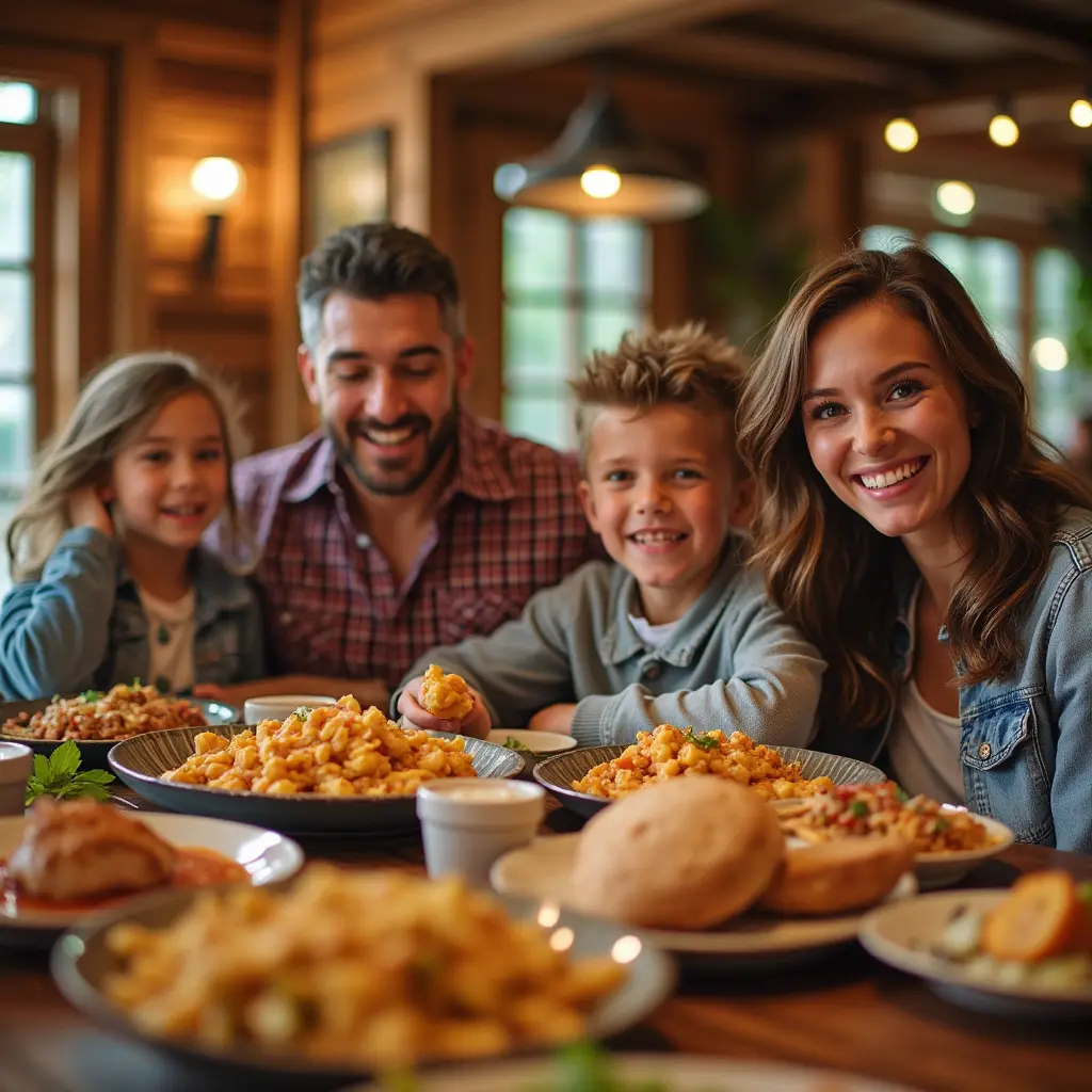 Family enjoying Outback-inspired dishes at a dinner table.