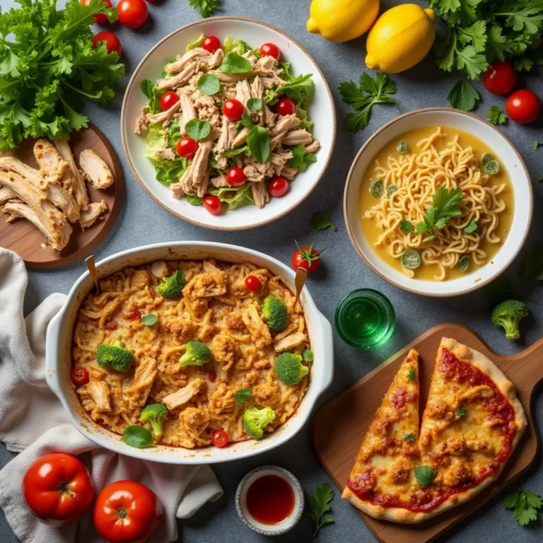 An enticing flat-lay of a cozy kitchen counter with a variety of meals made from rotisserie chicken, including a colorful shredded chicken salad, a bowl of hearty chicken noodle soup, cheesy chicken broccoli casserole, and a slice of BBQ chicken pizza. Fresh ingredients like lettuce, tomatoes, lemons, and herbs surround the dishes, and rustic wooden cutting boards, kitchen utensils, and a cozy tablecloth add to the inviting atmosphere.