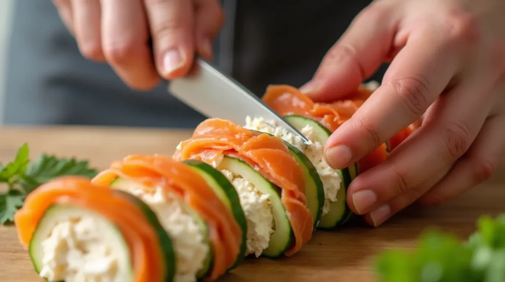 A person spreading cream cheese over cucumber ribbons and layering smoked salmon to prepare the roulade.