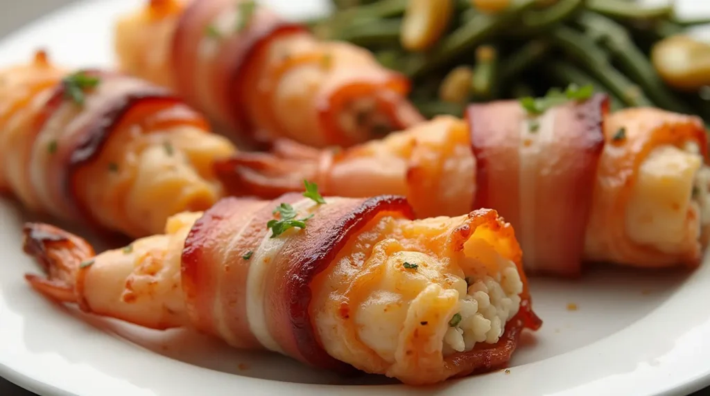 A variation of crab stuffed shrimp wrapped in crispy bacon, served with a side of roasted vegetables.