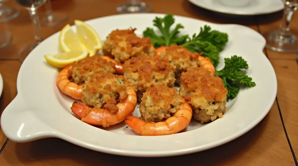 A gourmet dish of baked stuffed shrimp with crabmeat stuffing served on a wooden table.