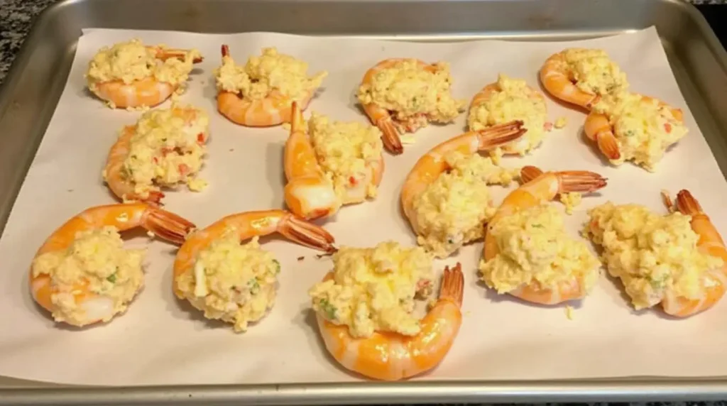 Crab stuffed shrimp placed on a baking sheet ready to be baked in the oven at 375°F.