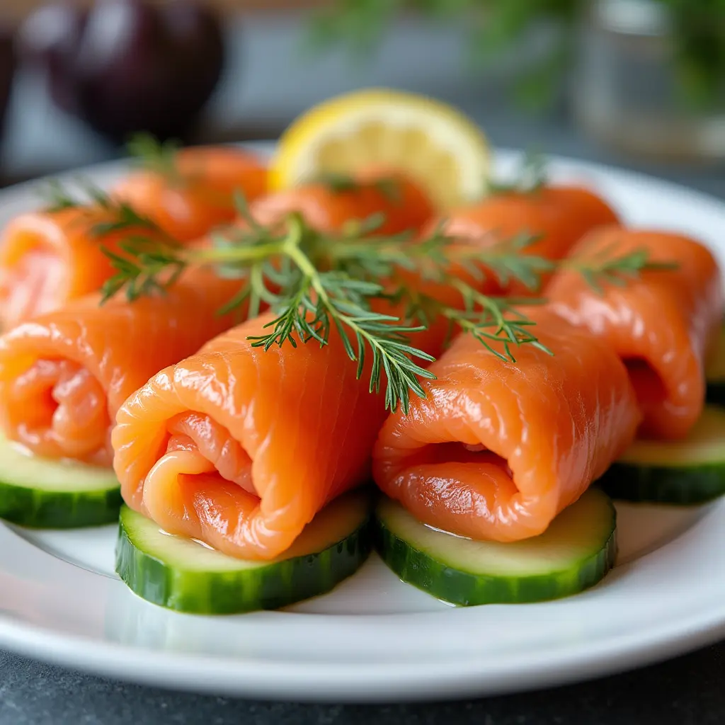 A beautifully plated chatelaine smoked salmon roll on cucumber slices, garnished with dill.