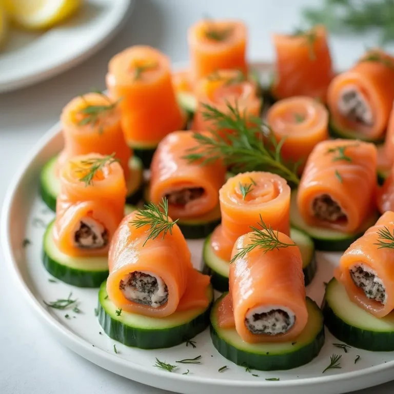 Platter of Chatelaine smoked salmon rolls on cucumber slices, garnished with fresh dill and lemon wedges, elegantly arranged for a gourmet appetizer.