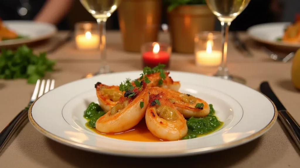 A fine dining table with baked stuffed shrimp as the centerpiece.