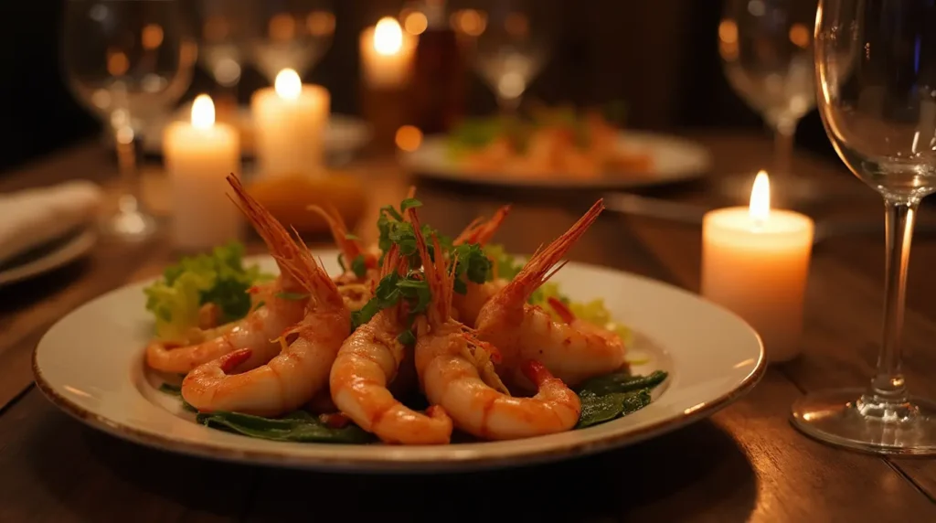 Stuffed shrimp as the centerpiece in a cozy dining setup with candles.