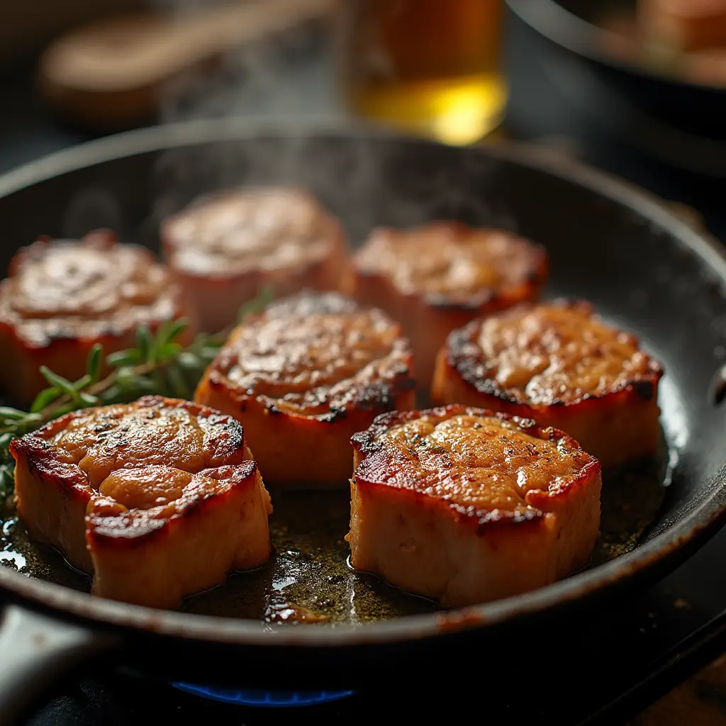 Deer cube steaks cooking in a skillet with a golden-brown crust.