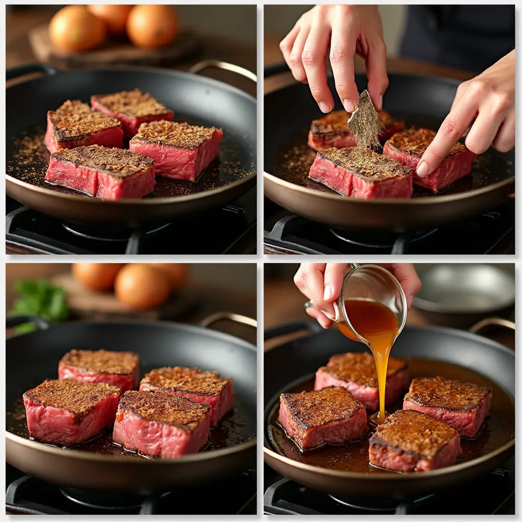 A cooking scene showing the step-by-step process of preparing deer meat cube steak, with steaks being seared in a pan, seasoning added, and broth for gravy being poured.