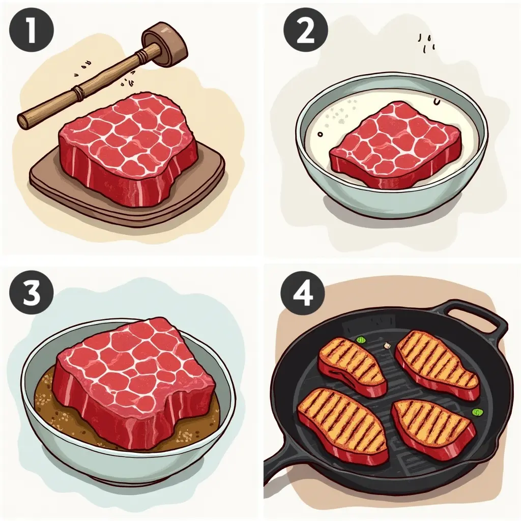 A step-by-step visual of tenderizing deer cube steak with a mallet, marinating in buttermilk, and grilling on a skillet, displayed in a collage format.