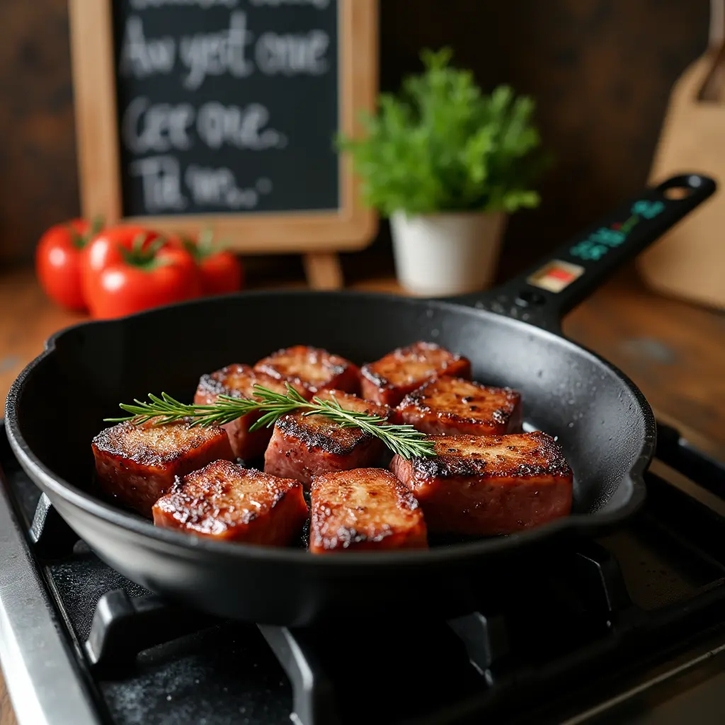 A cast-iron skillet with perfectly seared deer meat cube steaks, a thermometer nearby to check the right temperature, in a homely kitchen environment that conveys cooking tips and tricks.