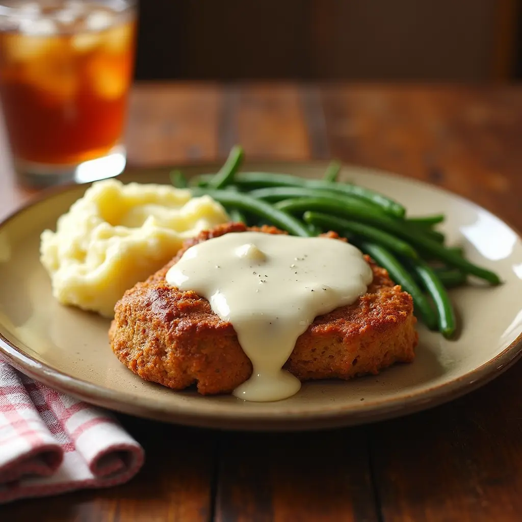 Golden-brown country-fried deer cube steak topped with creamy gravy, served with mashed potatoes and green beans on a rustic dining table.