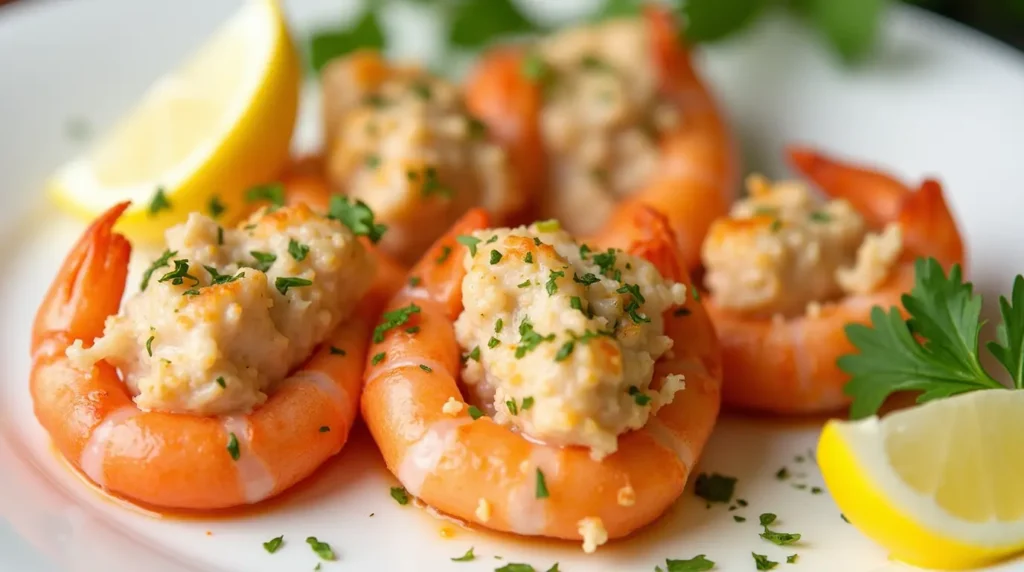 Delicious crab stuffed shrimp on a plate, garnished with fresh parsley and lemon wedges, perfect for any special occasion.