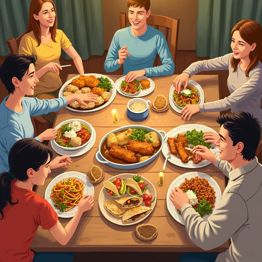  A cozy family dinner table showcasing country-fried steak, tacos, stir-fry, and mushroom gravy dishes with warm lighting and smiling faces.