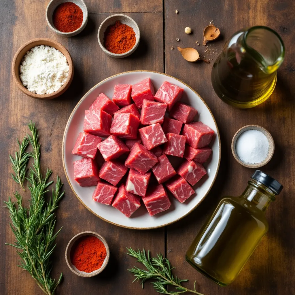 Ingredients for making deer cube steak with spices, flour, and fresh herbs.