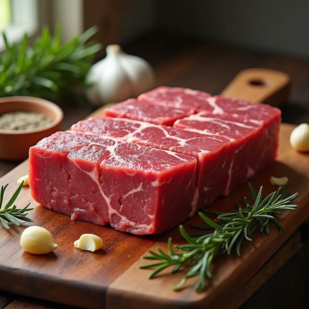 A tenderized deer cube steak on a wooden butcher's board surrounded by fresh rosemary, garlic cloves, and seasoning in a cozy kitchen setting.