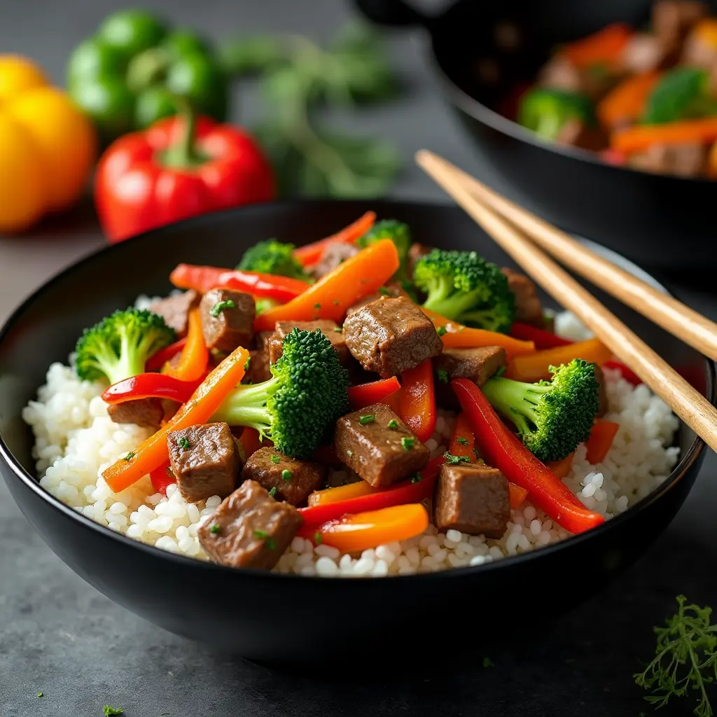  A colorful stir-fry featuring deer cube steak strips, broccoli, bell peppers, and carrots, served over rice in a black bowl with chopsticks.