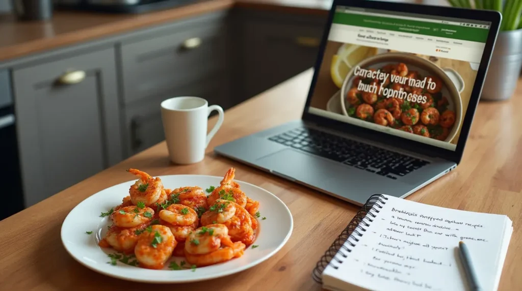 FAQs about baked stuffed shrimp next to a plate of the dish in a homey kitchen.