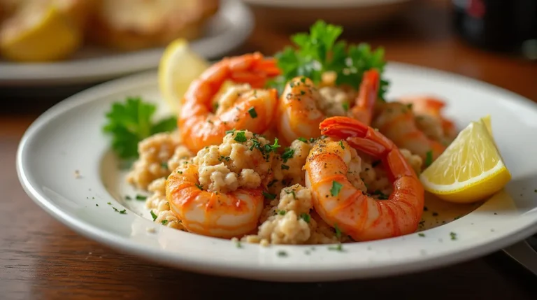 A gourmet baked stuffed shrimp dish with crabmeat stuffing, elegantly presented on a white plate.