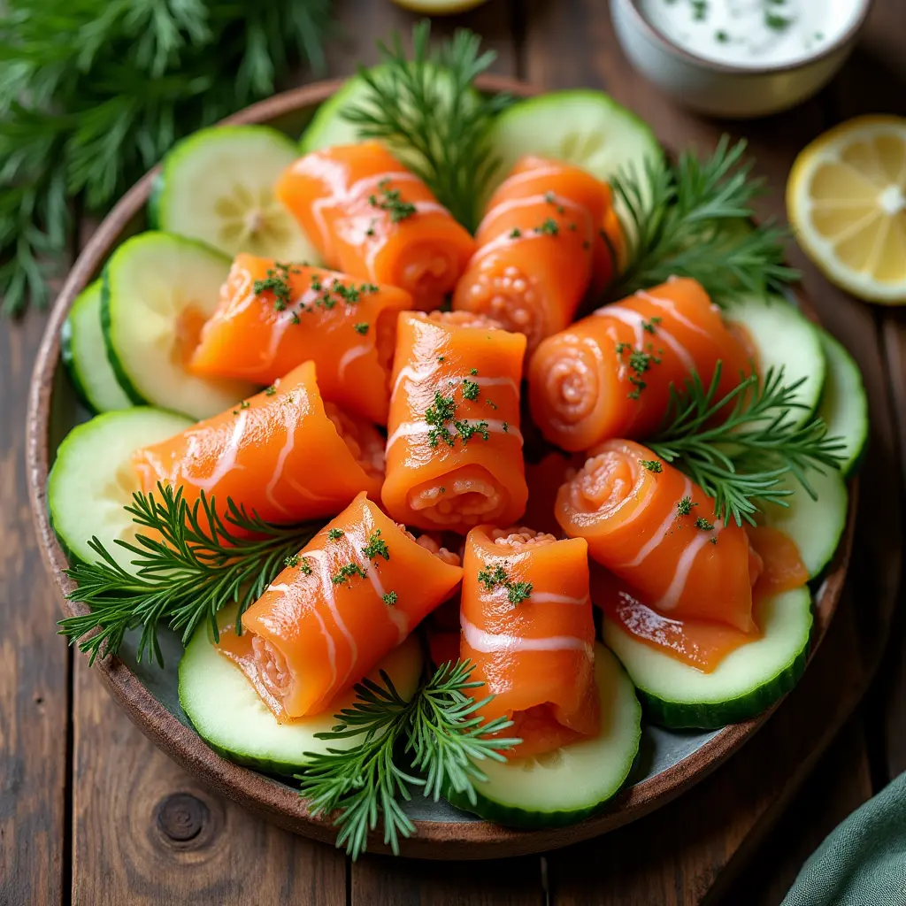 chatelaine smoked salmon roll on cucumber:A gourmet platter of chatelaine smoked salmon rolls on cucumber slices with fresh garnishes.