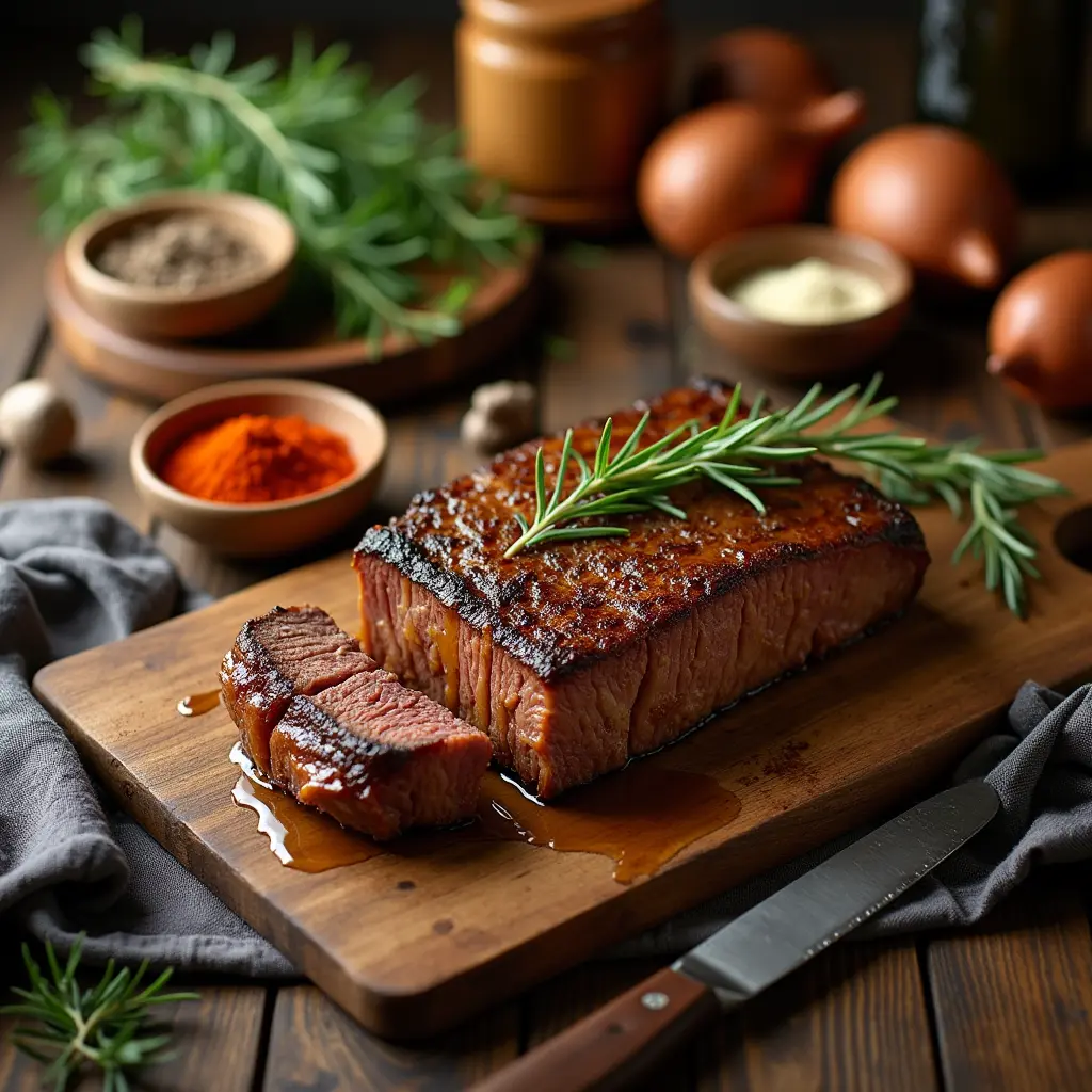 Featured image of a perfectly cooked deer cube steak recipes garnished with fresh rosemary and surrounded by spices on a wooden board.