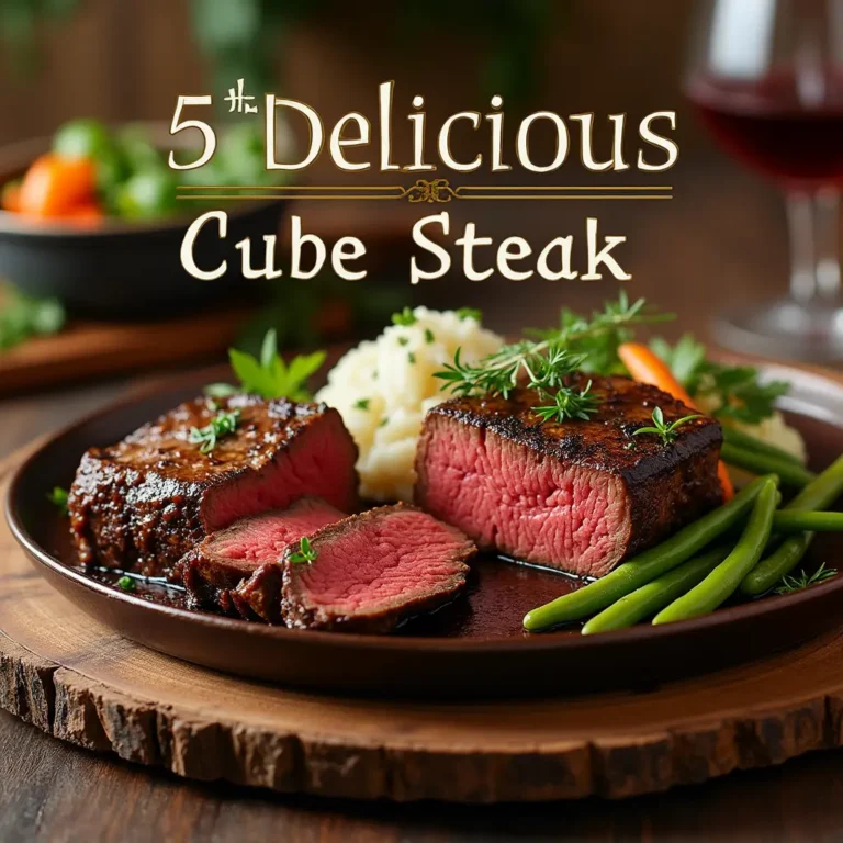 A beautifully plated dish of deer cube steak deer meat recipes served with mashed potatoes, green beans, and fresh herbs on a rustic wooden table, highlighted with warm lighting and cozy tones.