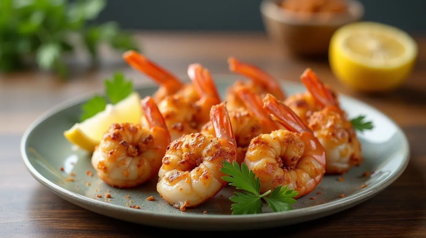 Golden-brown stuffed shrimp garnished with parsley and lemon on a stylish plate.