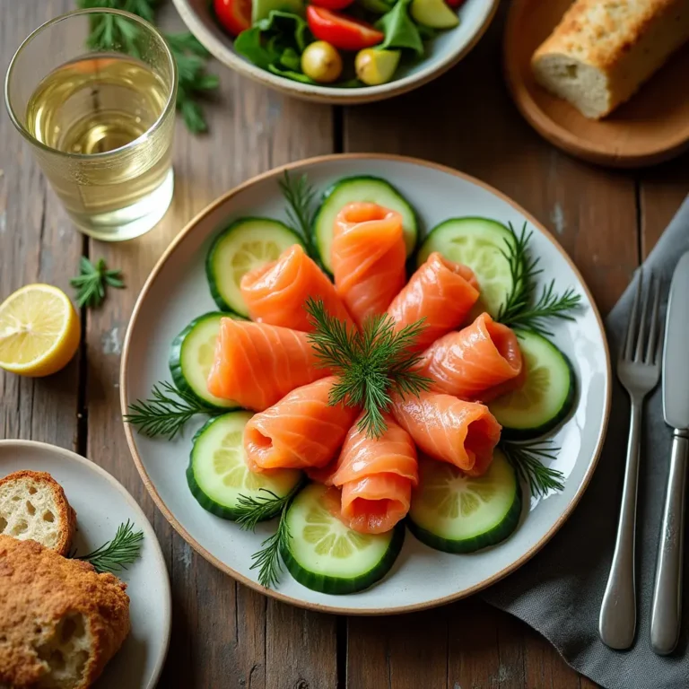 Featured image of smoked salmon roulade on cucumber chatelaine slices with an elegant dining table setup.