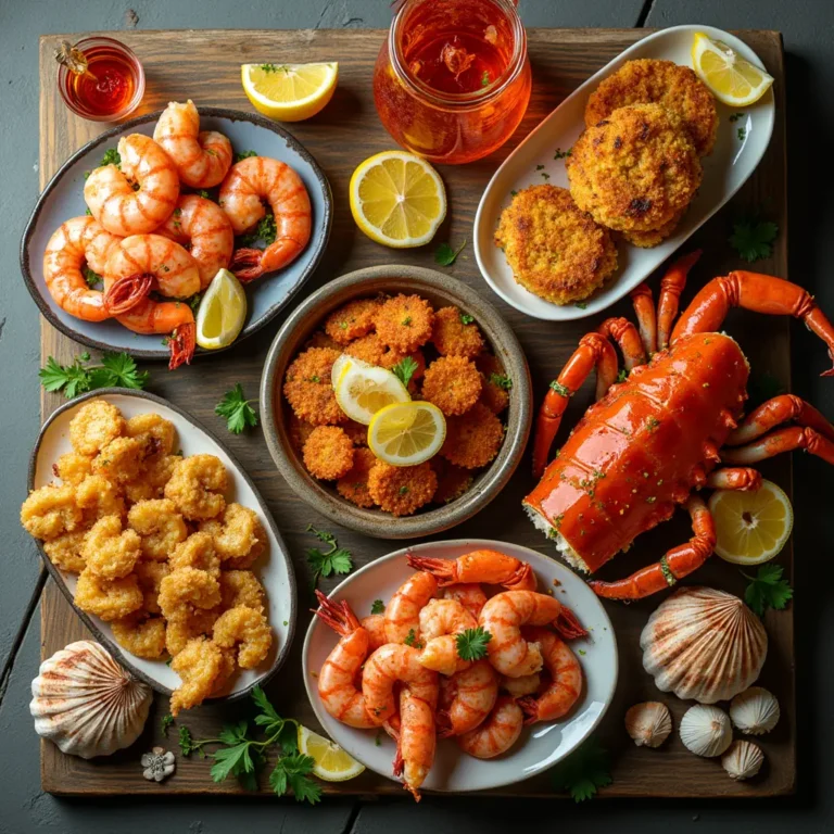 shrimp and crab recipes:Luxurious seafood feast with shrimp and crab dishes on a rustic table