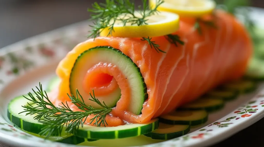 A visually stunning smoked salmon roulade on cucumber ribbons, elegantly plated with a garnish of fresh dill and lemon slices, perfect for a sophisticated appetizer.