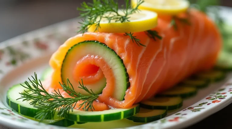 A visually stunning smoked salmon roulade on cucumber ribbons, elegantly plated with a garnish of fresh dill and lemon slices, perfect for a sophisticated appetizer.