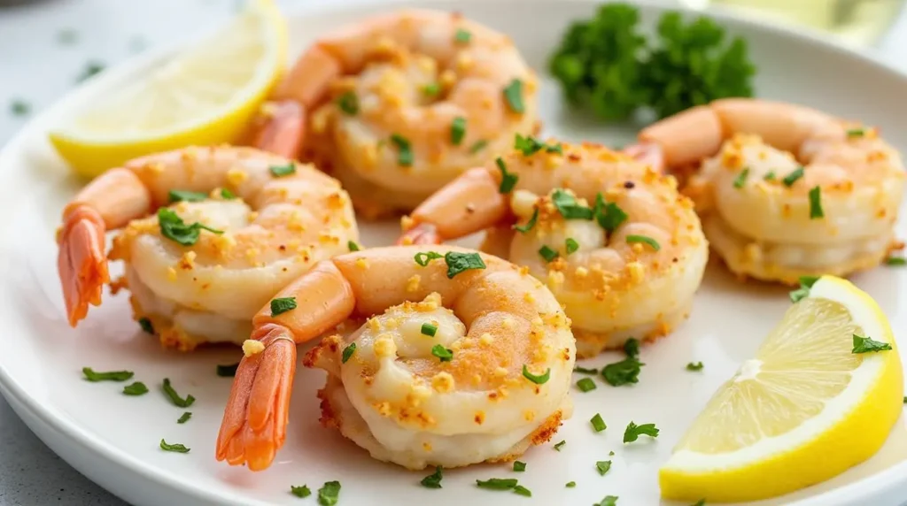 Finished crab stuffed shrimp plated with lemon wedges, fresh parsley, and a side of white wine.