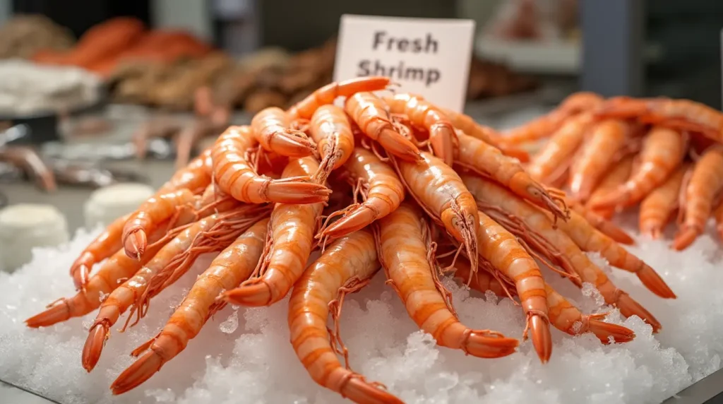 Fresh jumbo shrimp displayed on ice at a seafood market.