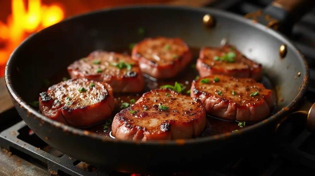 Frying venison steaks in a pan