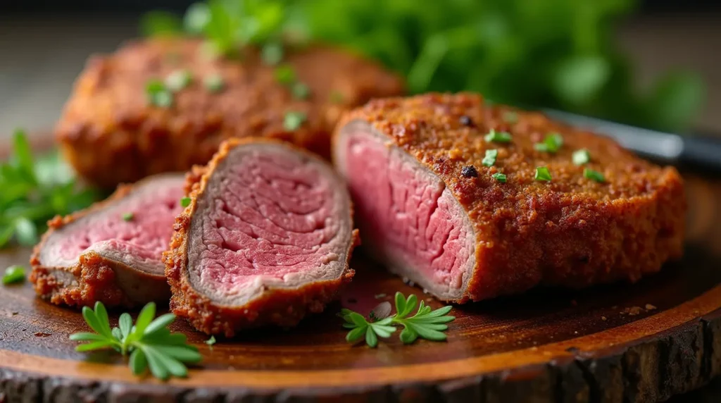 Perfectly cooked fried venison steak served with fresh herbs