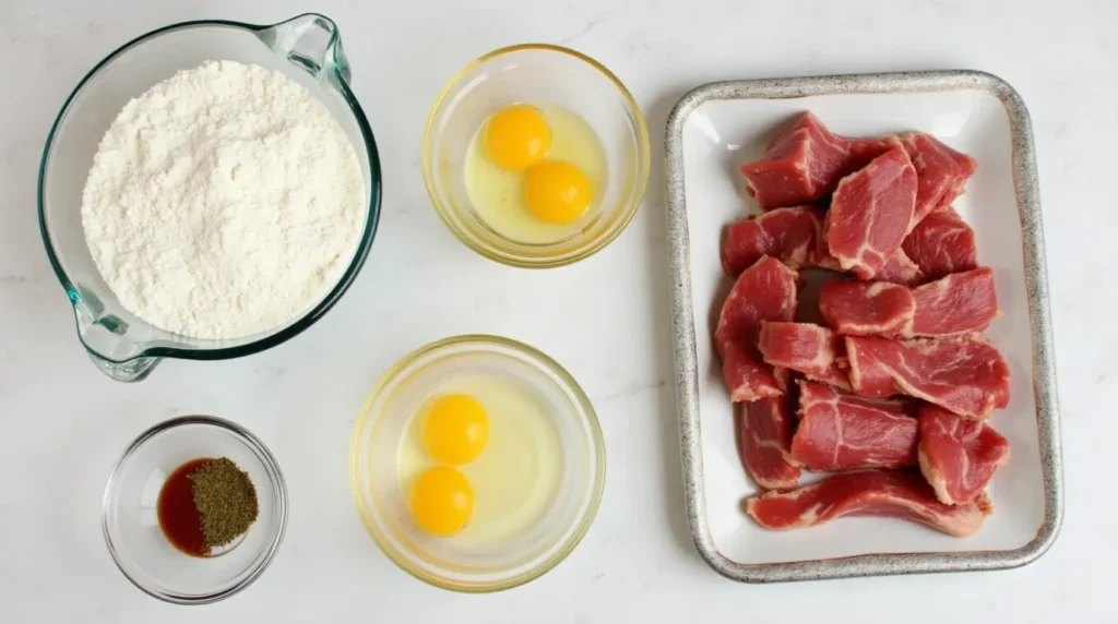 Ingredients for fried deer meat neatly arranged on a kitchen counter.