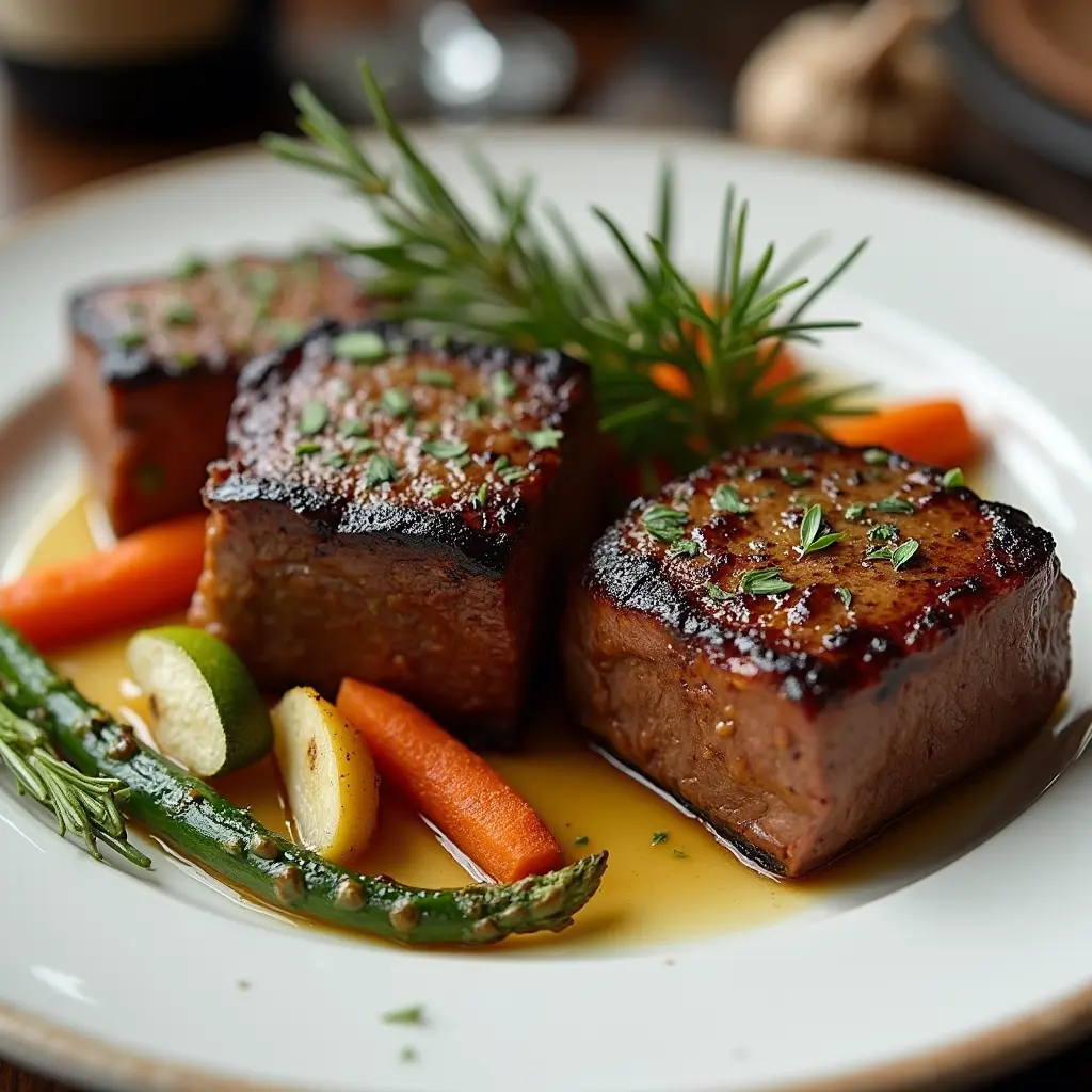 Perfectly seared deer cube steak glistening with garlic-herb butter, served with roasted vegetables and garnished with rosemary in an elegant dining setup.