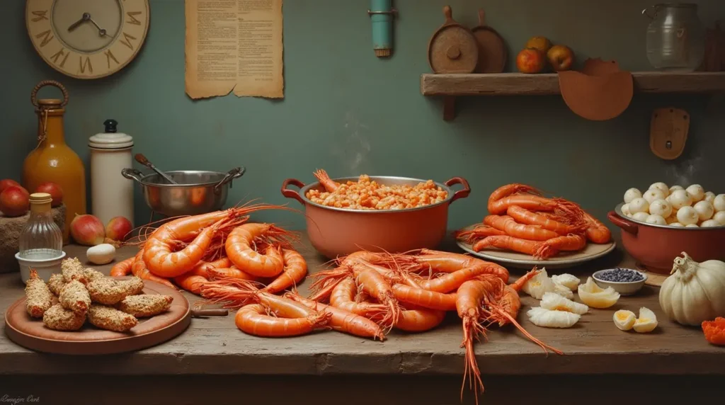 Historical depiction of coastal seafood preparation with shrimp and crabs.