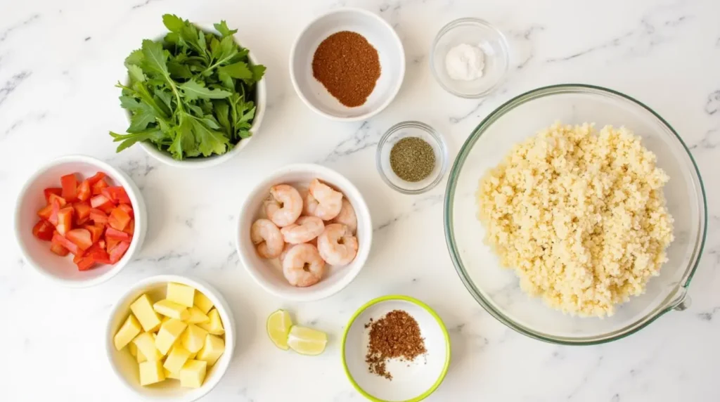 A collection of fresh ingredients for crab stuffed shrimp, including crabmeat, shrimp, breadcrumbs, and seasonings.