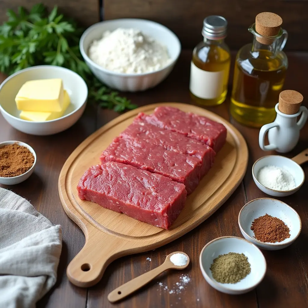 A kitchen counter filled with ingredients for making deer meat cube steak, including deer meat, flour, garlic powder, butter, and seasonings, set in a rustic kitchen atmosphere.