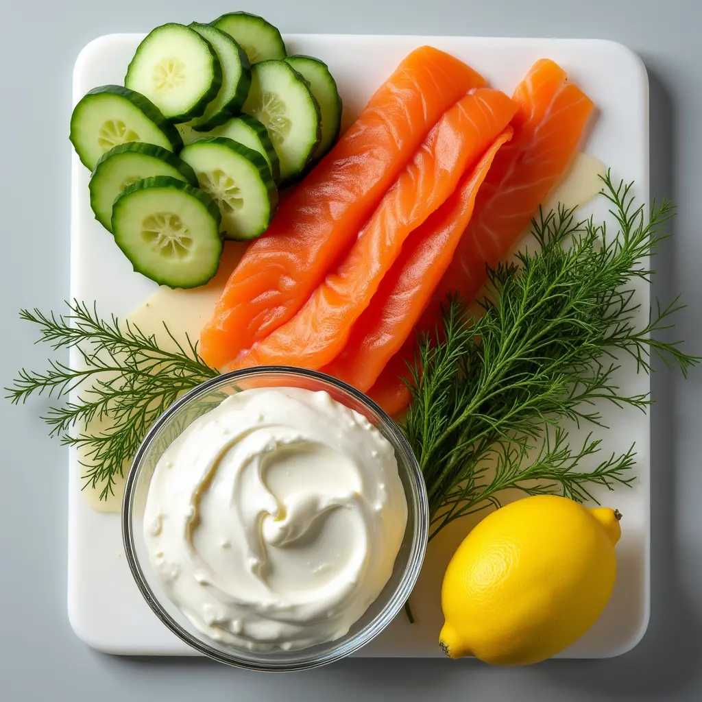 Ingredients for chatelaine smoked salmon roll including salmon, cucumbers, and cream cheese.