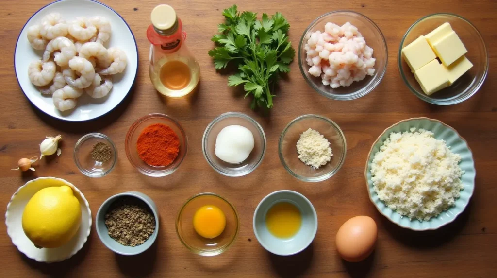 Ingredients for stuffed shrimp including jumbo shrimp, lump crabmeat, breadcrumbs, and fresh herbs.