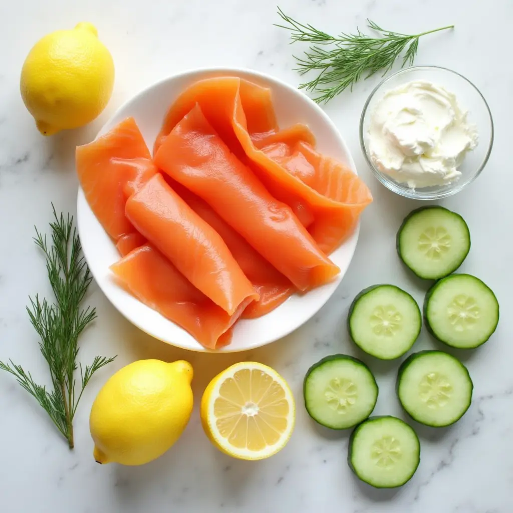 Fresh ingredients for smoked salmon rolls, including smoked salmon, cucumbers, cream cheese, lemon slices, and dill, arranged on a white marble background.