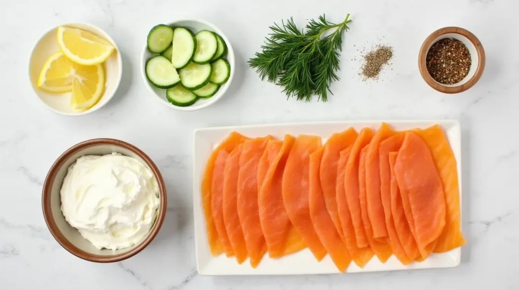 The ingredients needed for smoked salmon roulade: smoked salmon, cream cheese, lemon, fresh dill, cucumber, salt, and pepper.