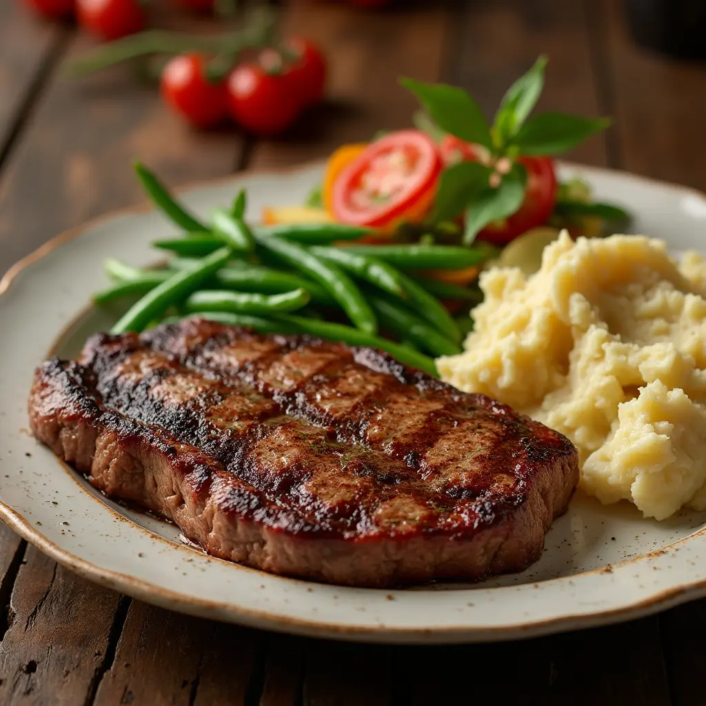 A plate of perfectly cooked deer meat cube steak with a side of green beans, colorful salad, and mashed potatoes, highlighting its richness in protein and essential nutrients.