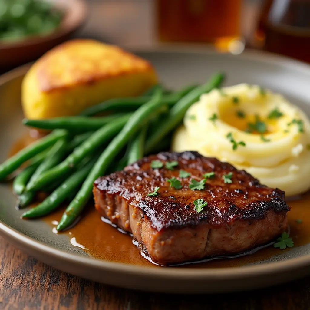 A beautifully plated meal featuring deer meat cube steak, mashed potatoes, buttered green beans, and cornbread, garnished with fresh parsley and set in a cozy dining atmosphere.