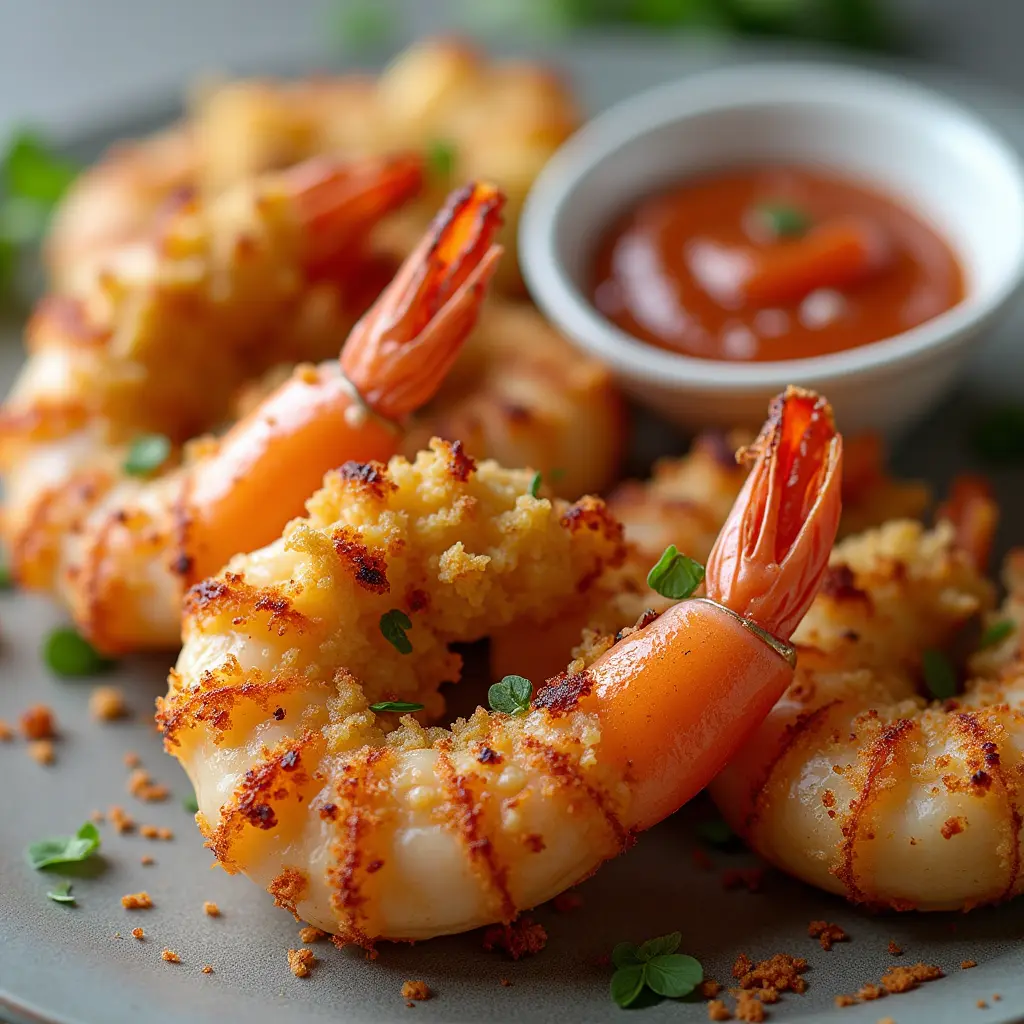 Perfectly baked stuffed shrimp with crispy stuffing and dipping sauce.