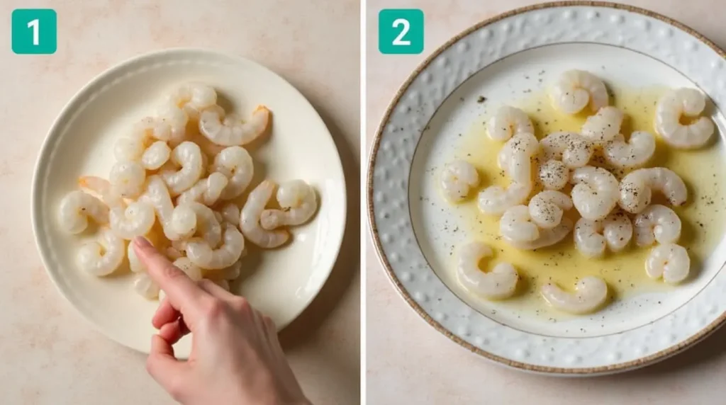 Step 1: Preparing the shrimp by butterflying the large shrimp and seasoning them with olive oil, salt, and pepper.