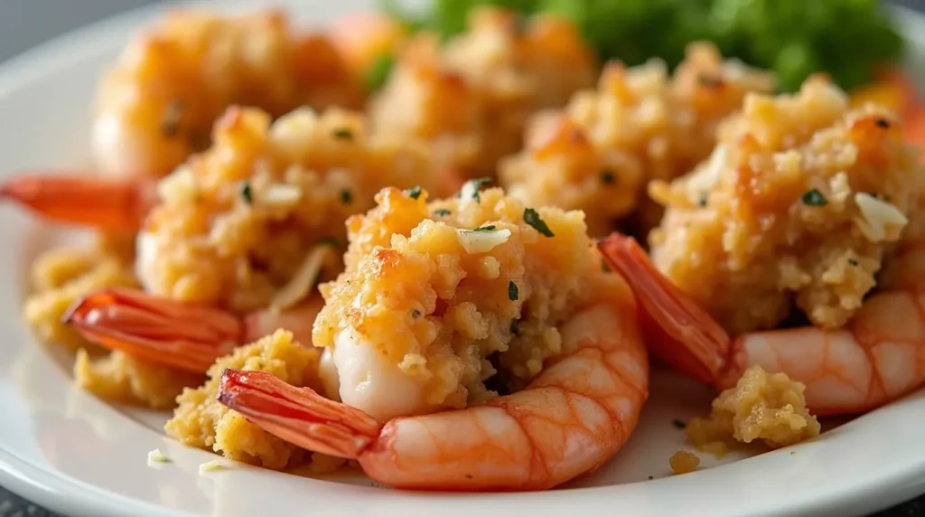 A detailed shot of stuffed shrimp with golden-brown stuffing and perfectly cooked shrimp.